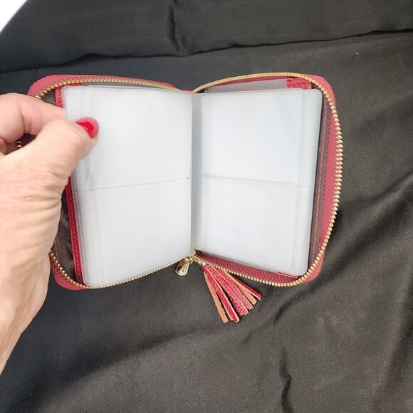 Womens Credit Card Holder Wallet RED Zip Pebble Leather Card Case RFID Blocking - Picture 5 of 12